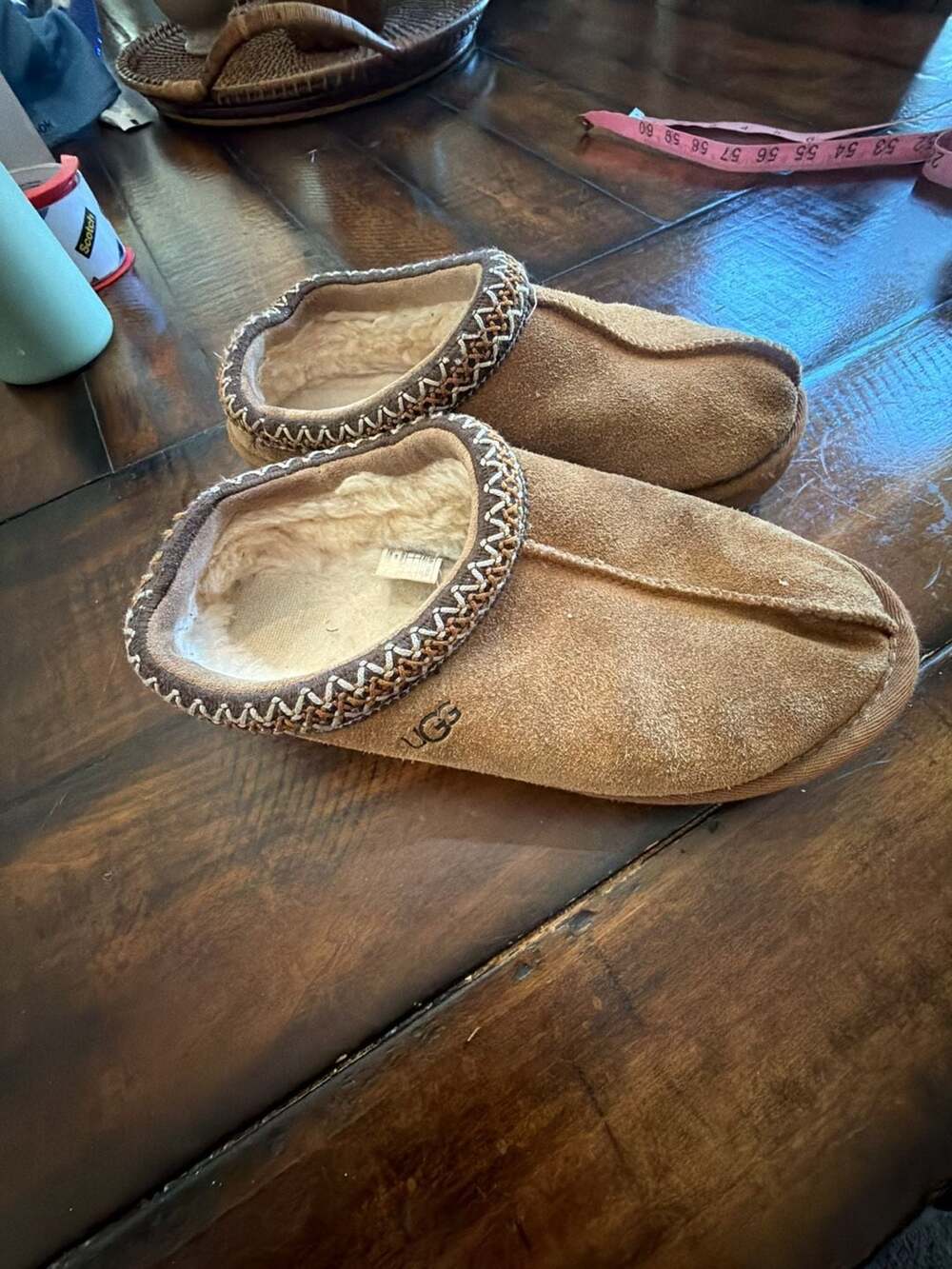 UGG 5950 Brown Suede Shearling Fur Lined Braid Trim Slip-On Slippers